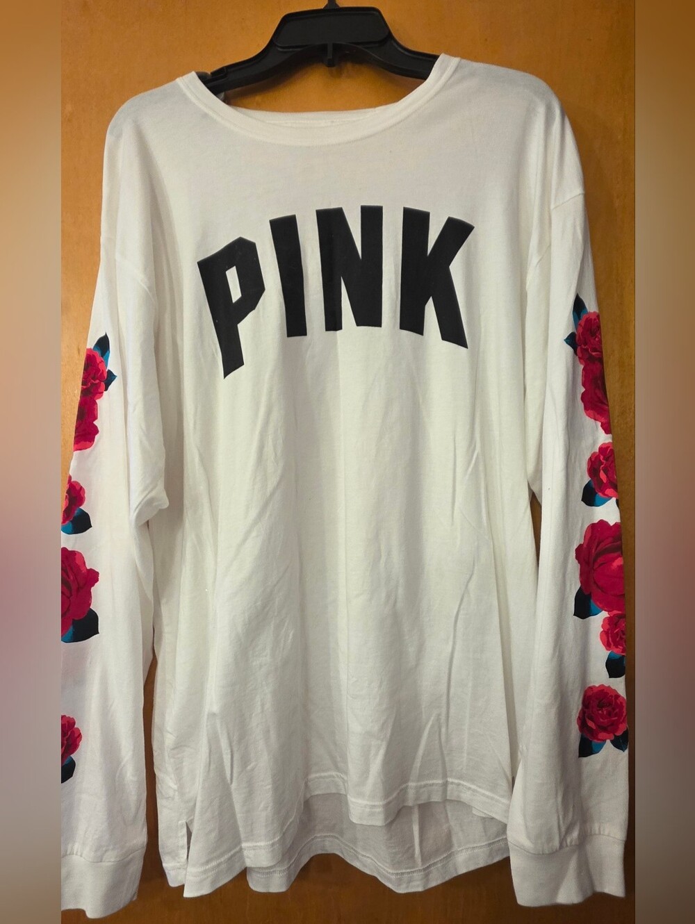 Vs PINK White Long Sleeve Tee with Rose Print Sleeves - Size XL